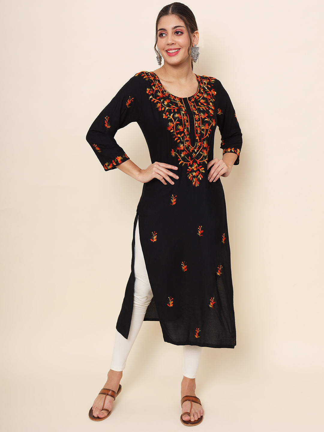 Black Colored Rayon Thread Embroidered  Long Kurti