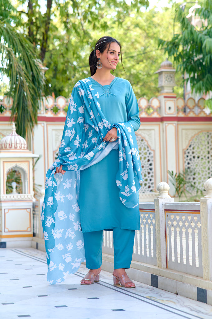 Sky Blue Colored Chanderi Embroidered Salwar Suit With Bottom Dupatta