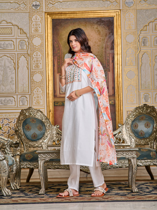 White Colored Chanderi Embroidered Salwar Suit With Bottom Dupatta