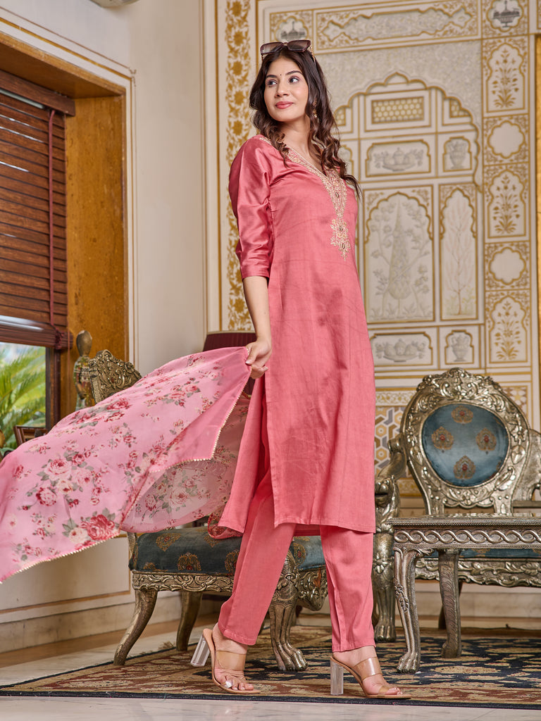 Pink Colored Chanderi Embroidered Salwar Suit With Bottom Dupatta