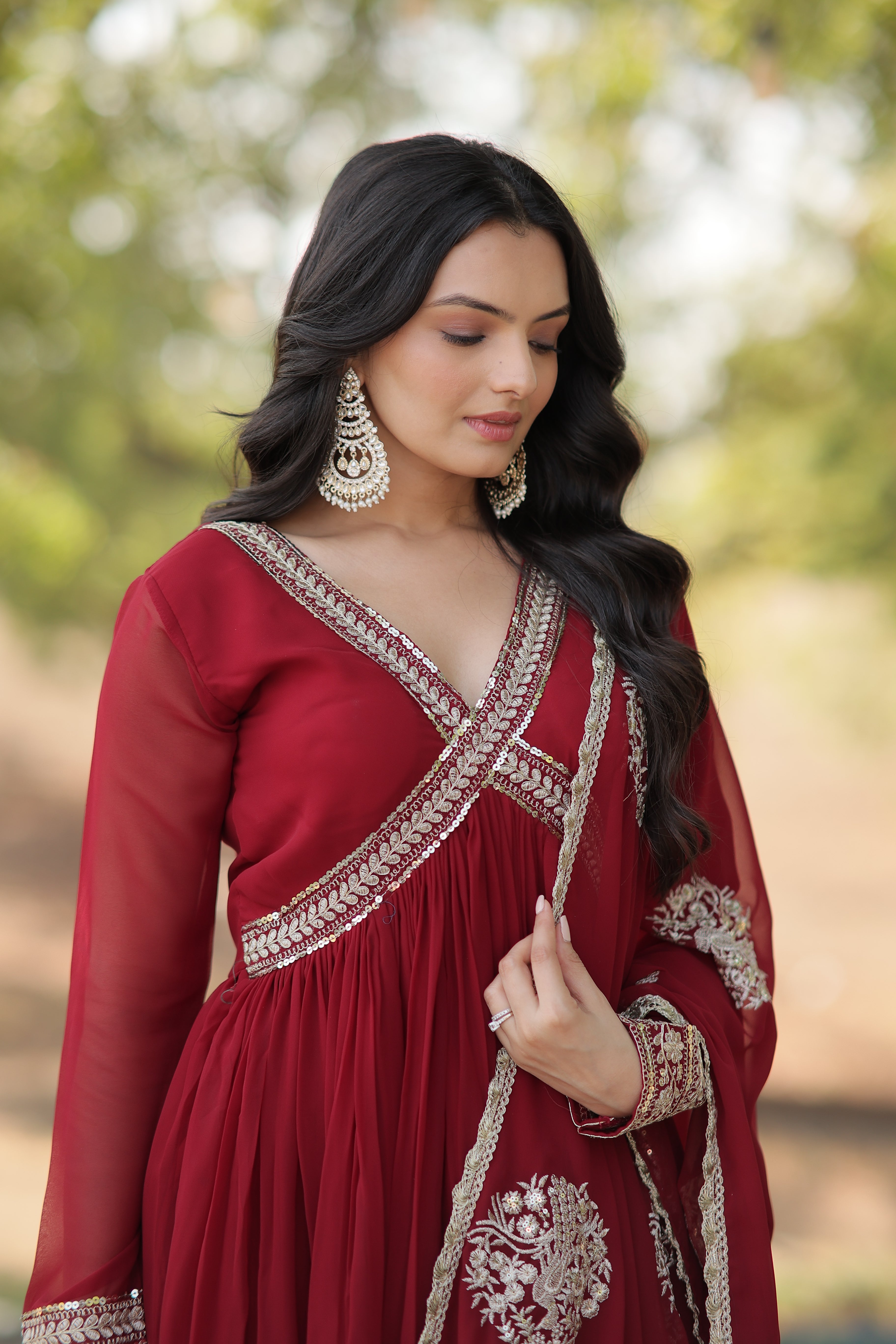 Maroon Faux Georgette Zari Sequins Gown With Dupatta