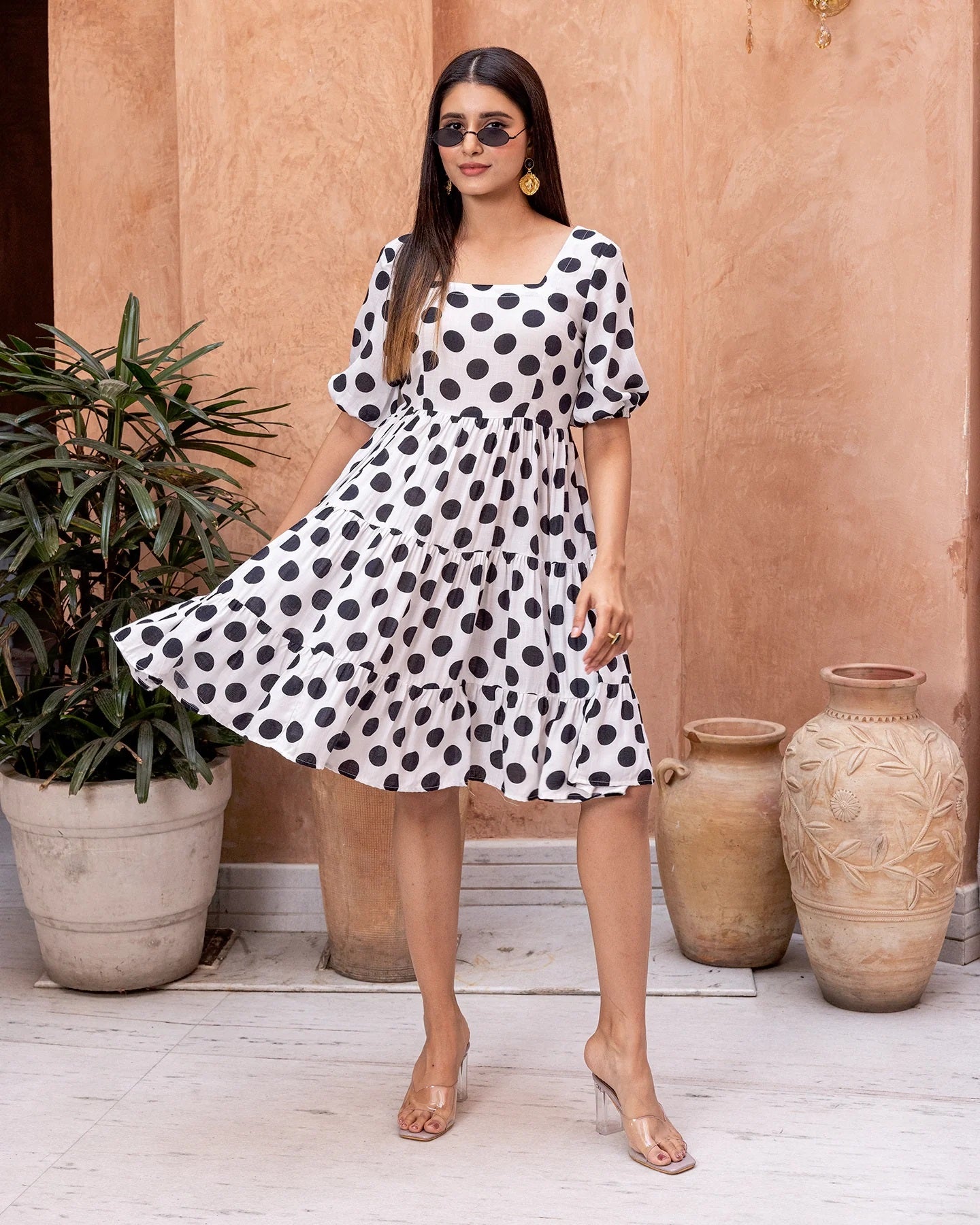 White Colored Rayon Polka Dot Digital Printed Western Dress