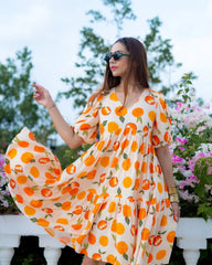 Orange Colored Rayon Tropical Digital Printed Western dress