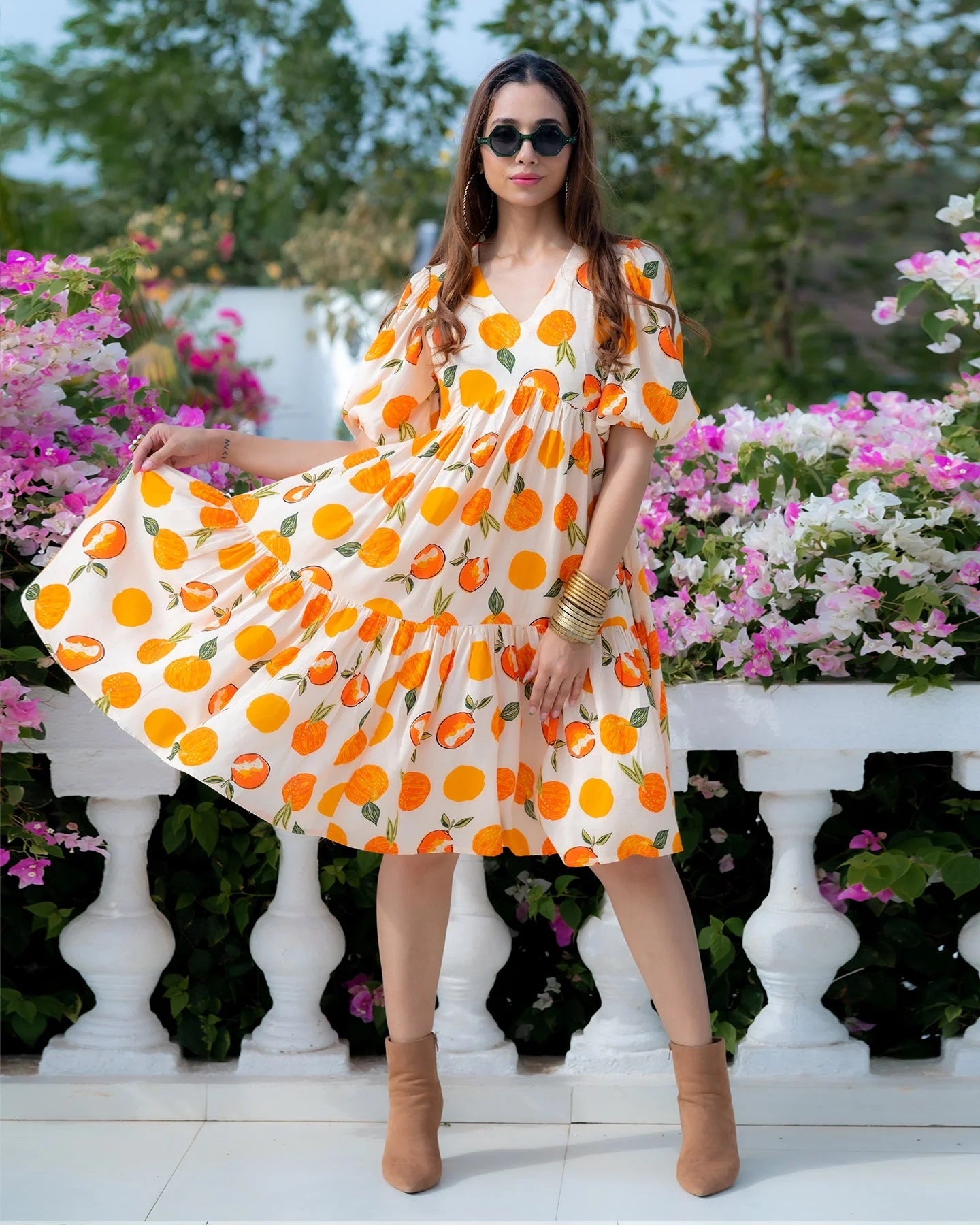 Orange Colored Rayon Tropical Digital Printed Western dress