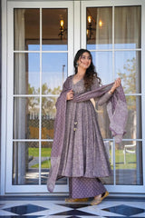 Mauve Colored Cotton Silk Angrakha Style Digital Printed  Palazoo  Salwar Suit With Dupatta