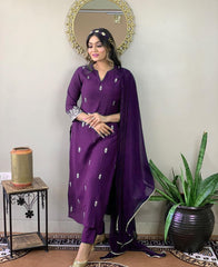 Purple Rayon Slub Embroidered Readymade Salwar Suit With Bottom Dupatta