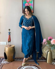 Teal Colored Rayon Slub Embroidered Readymade Salwar Suit With Bottom Dupatta