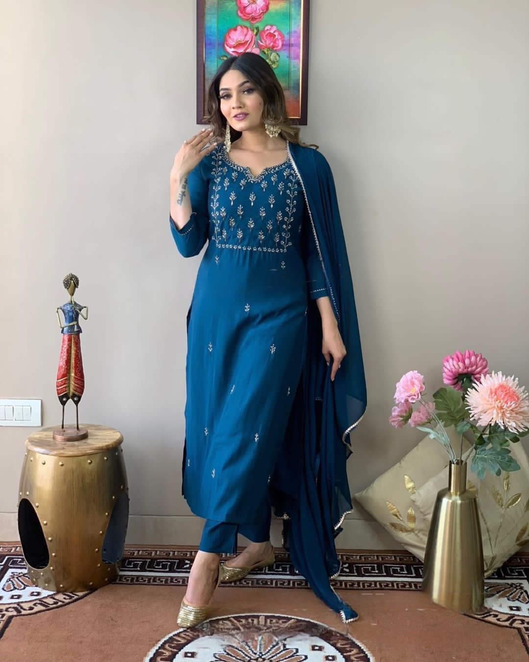 Teal Colored Rayon Slub Embroidered Readymade Salwar Suit With Bottom Dupatta