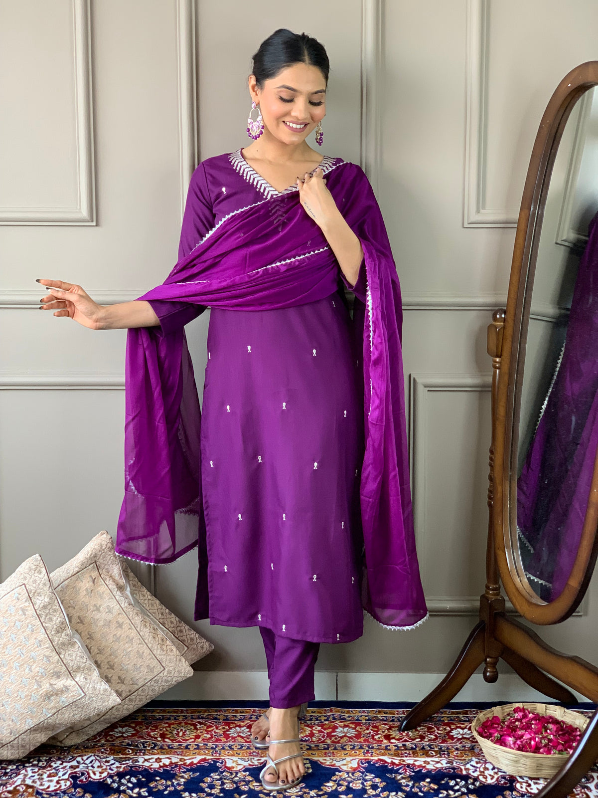 Purple Colored Rayon Thread sequins Readymade Salwar Suit With Bottom Dupatta