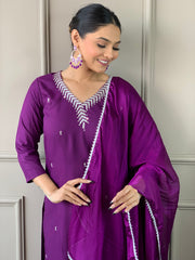 Purple Colored Rayon Thread sequins Readymade Salwar Suit With Bottom Dupatta