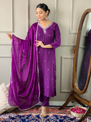 Purple Colored Rayon Thread sequins Readymade Salwar Suit With Bottom Dupatta