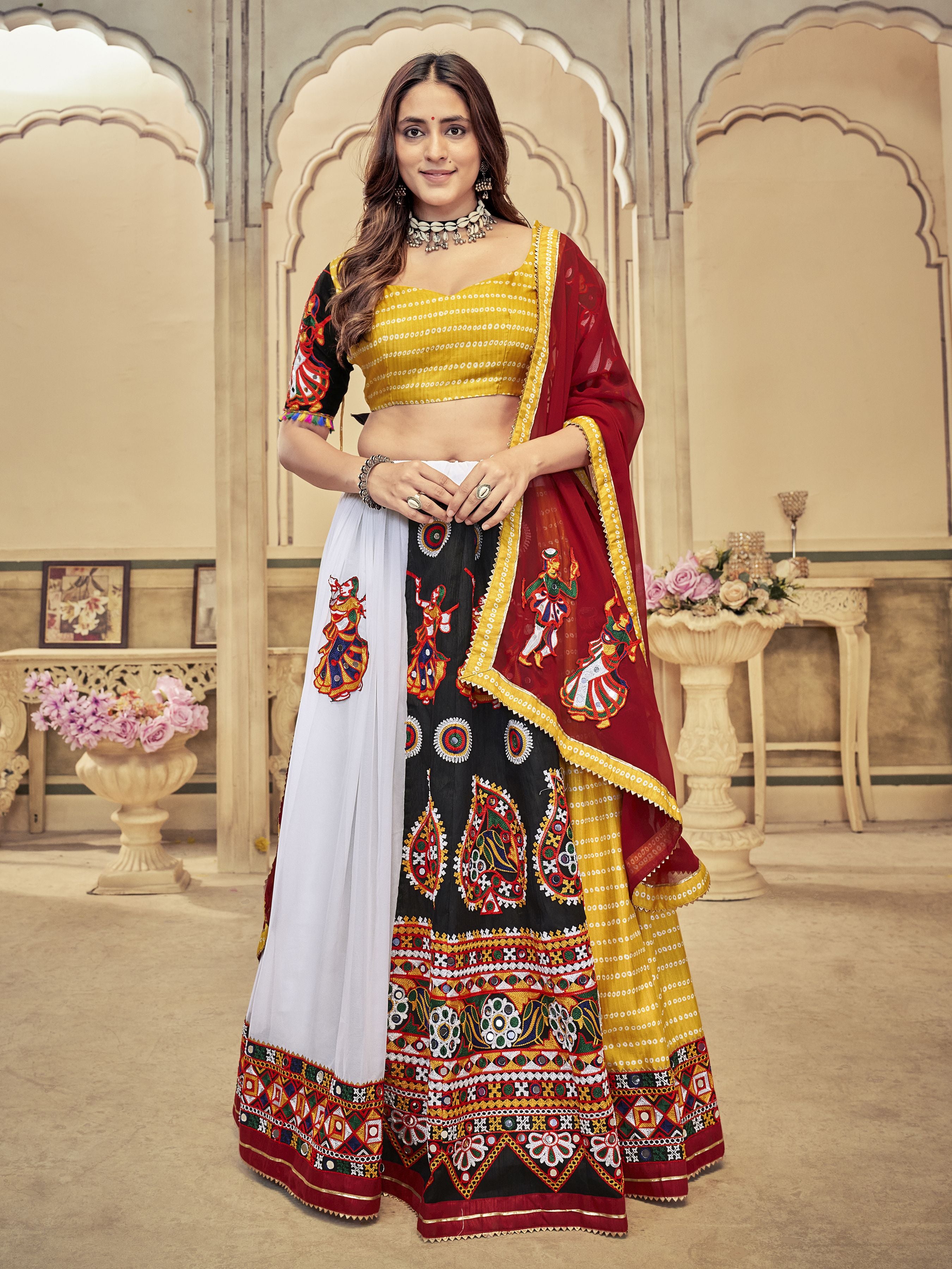 Yellow Colored Art Silk Mirror Embroidered Navratri Special Lehenga Choli