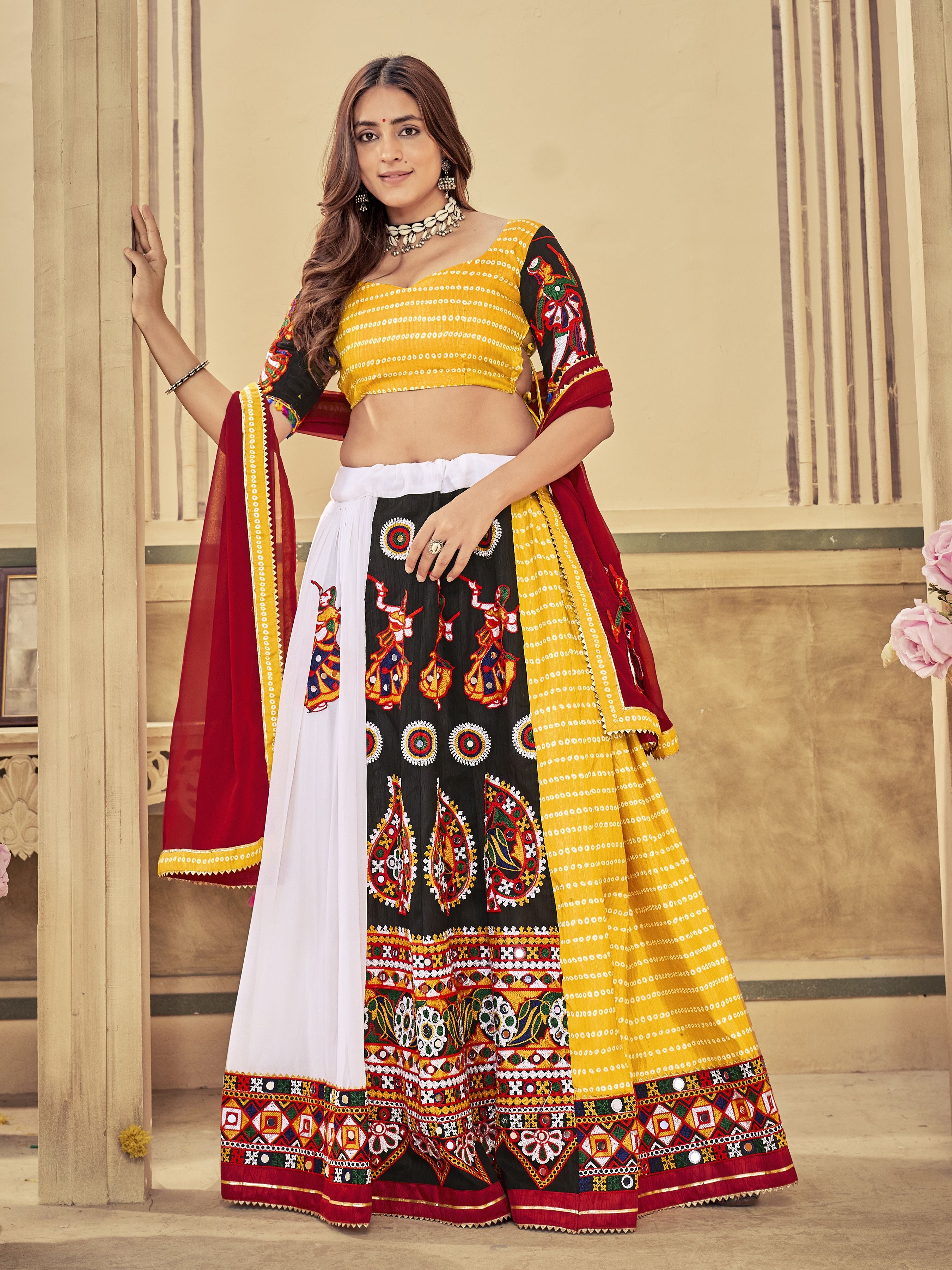 Yellow Colored Art Silk Mirror Embroidered Navratri Special Lehenga Choli