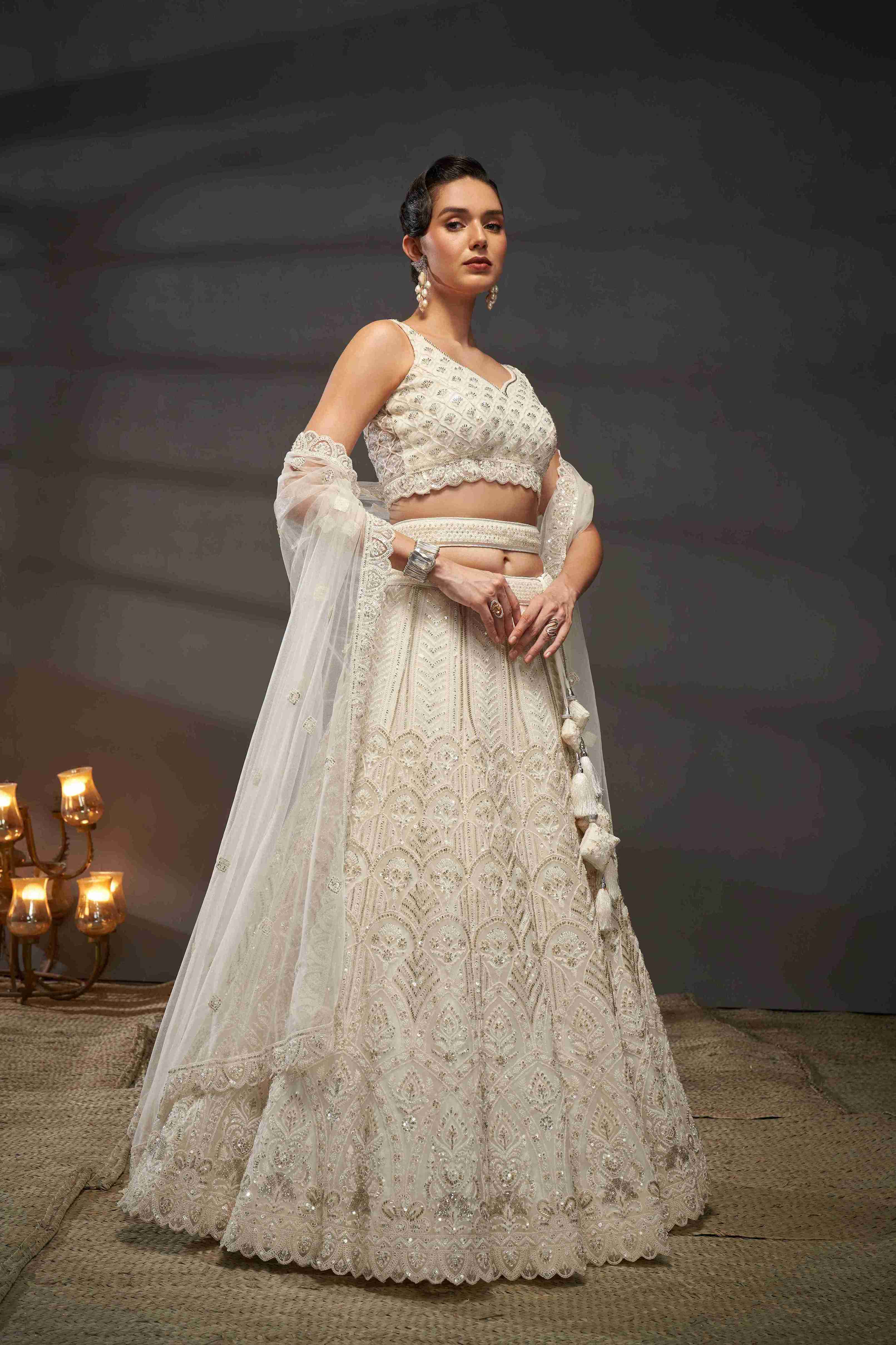 Cream  Net Thread Sequins Embroidered Lehenga Choli