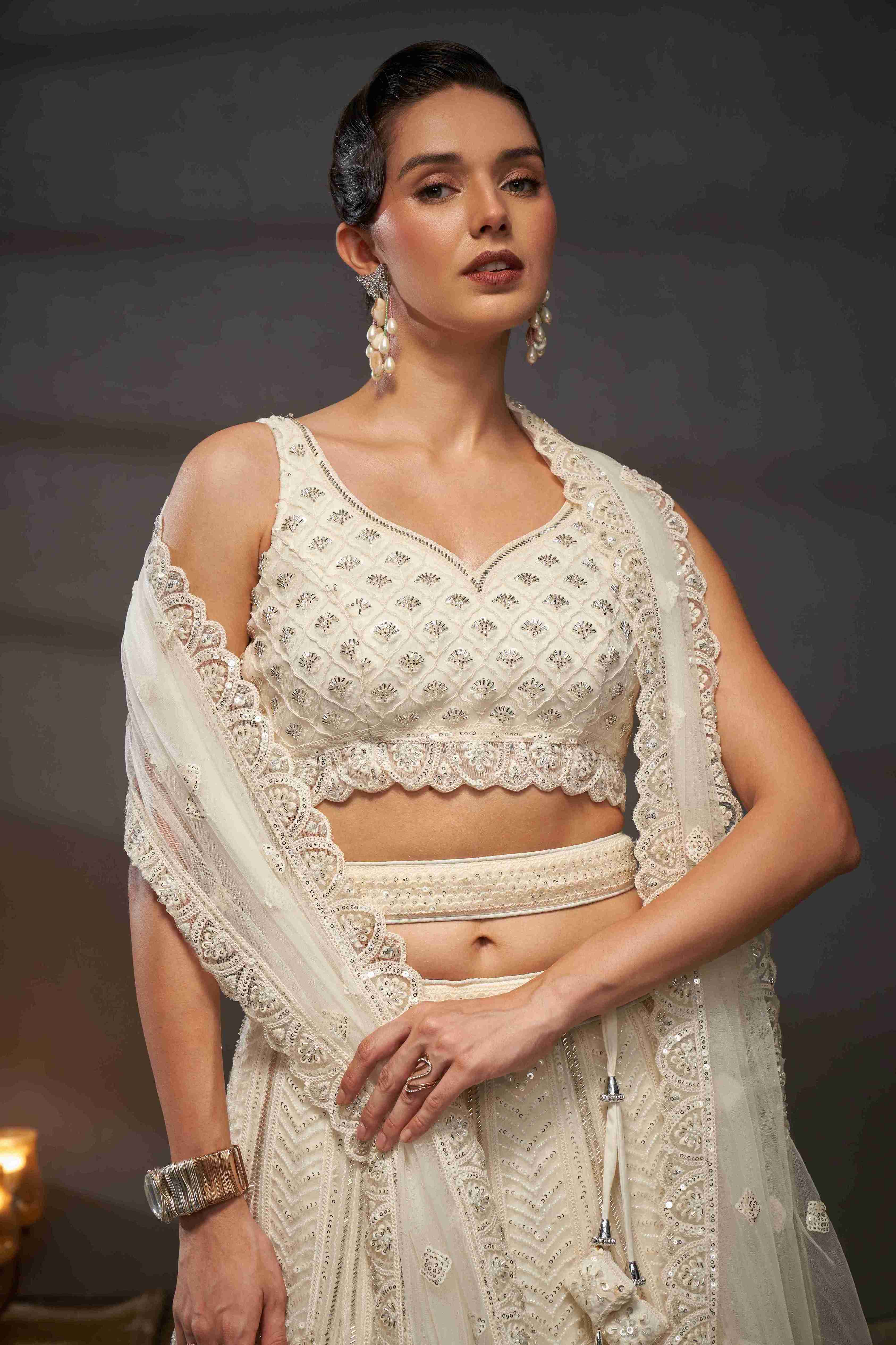 Cream  Net Thread Sequins Embroidered Lehenga Choli