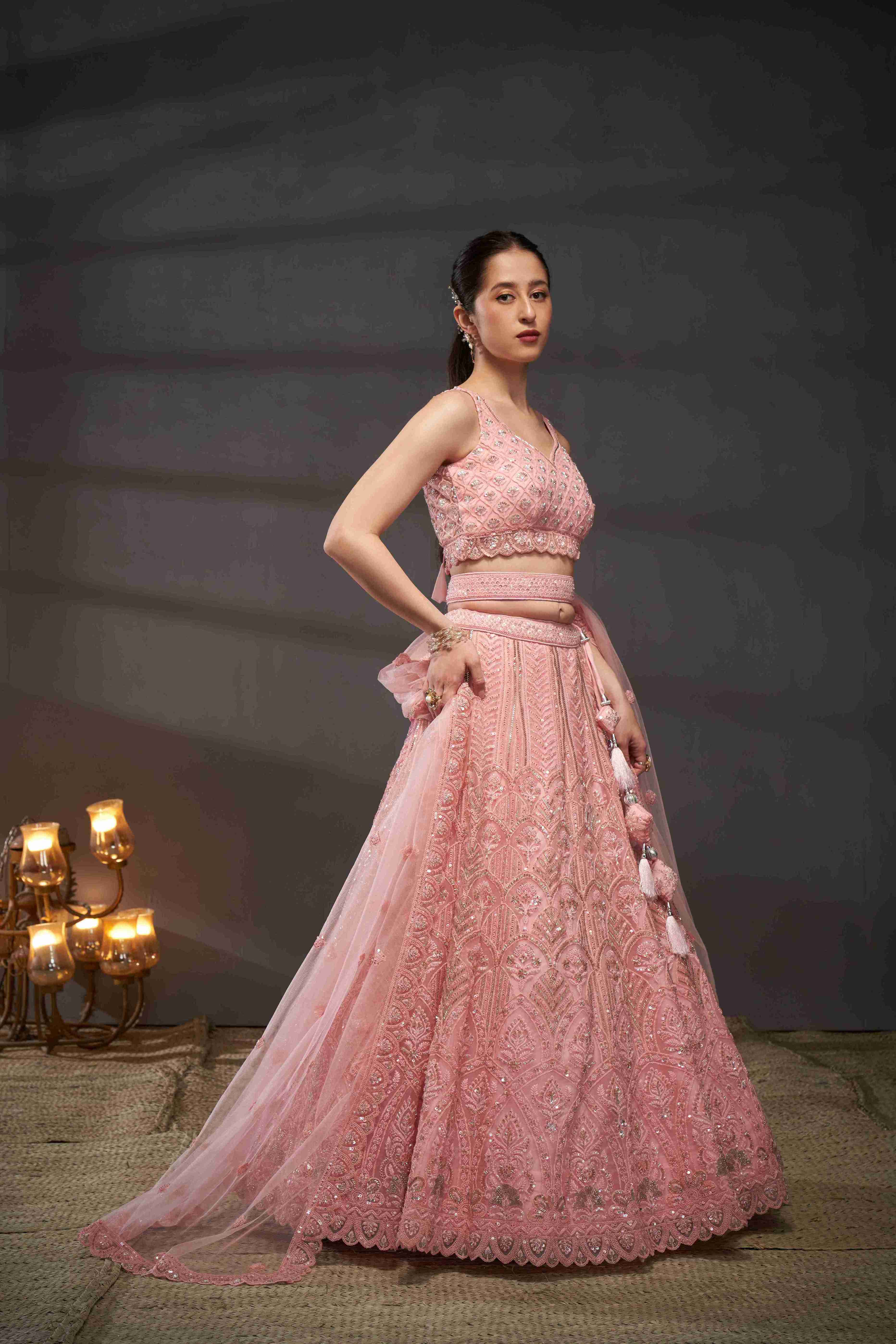 Pink  Net Thread Sequins Embroidered Lehenga Choli