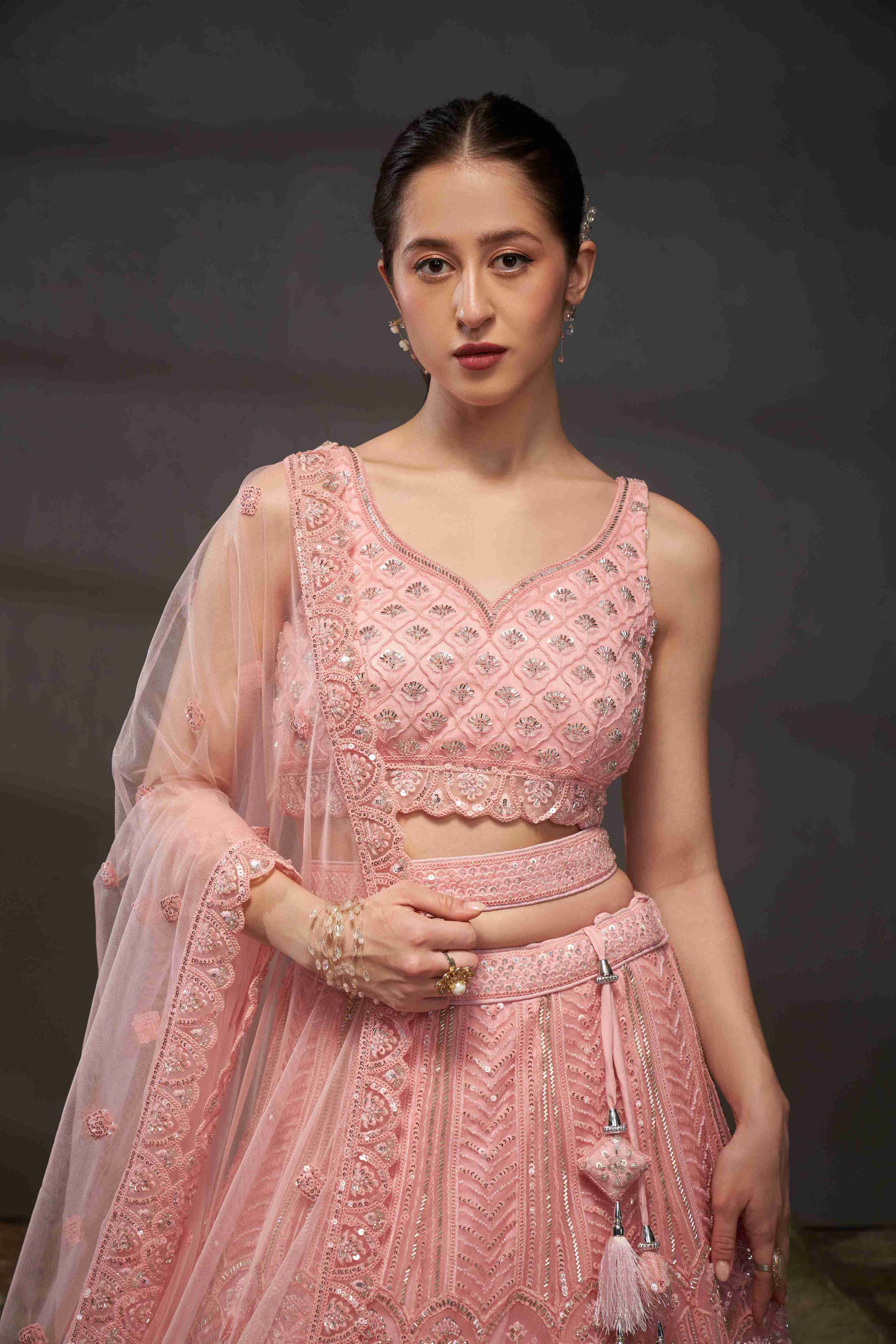 Pink  Net Thread Sequins Embroidered Lehenga Choli