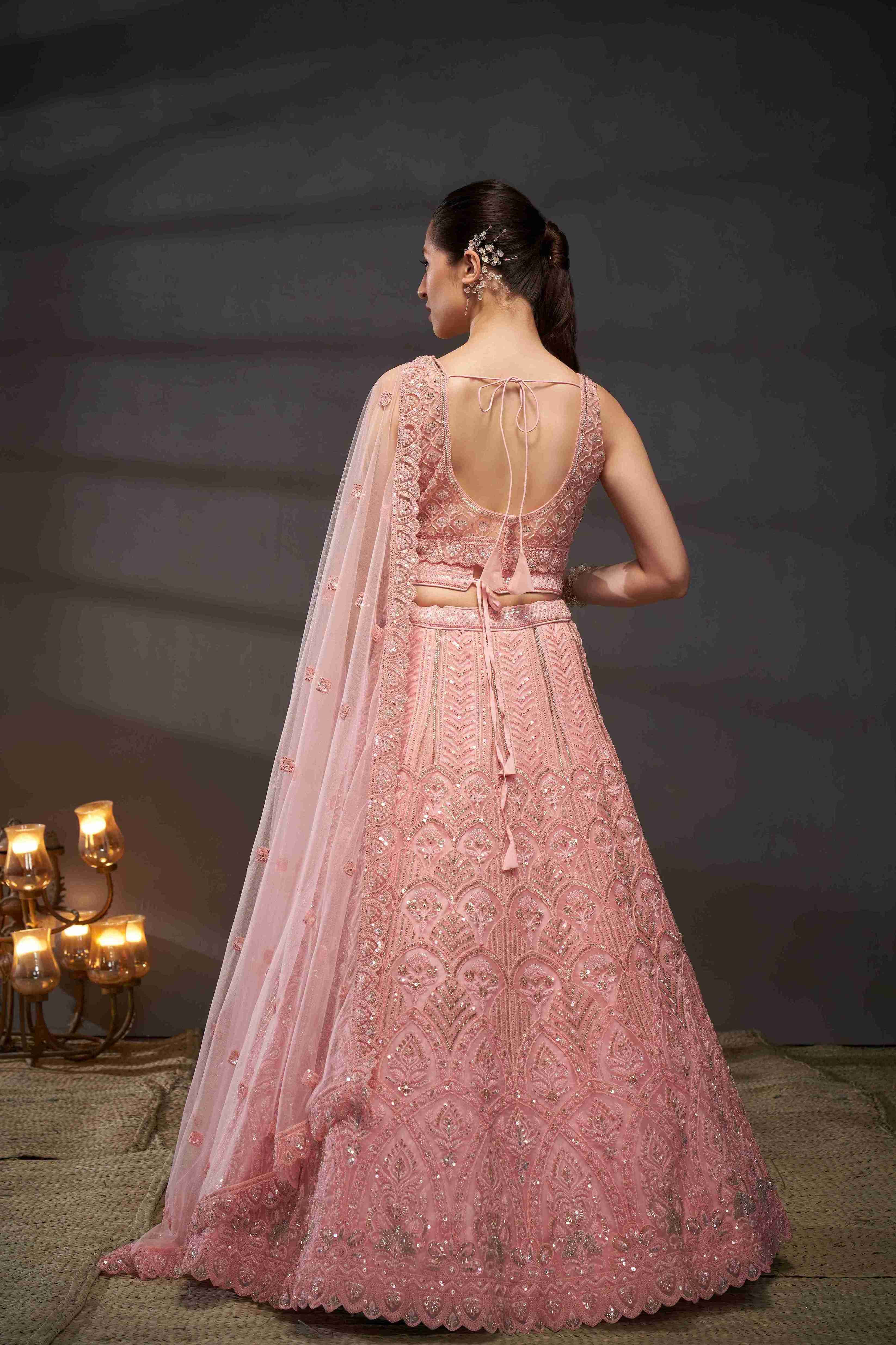 Pink  Net Thread Sequins Embroidered Lehenga Choli