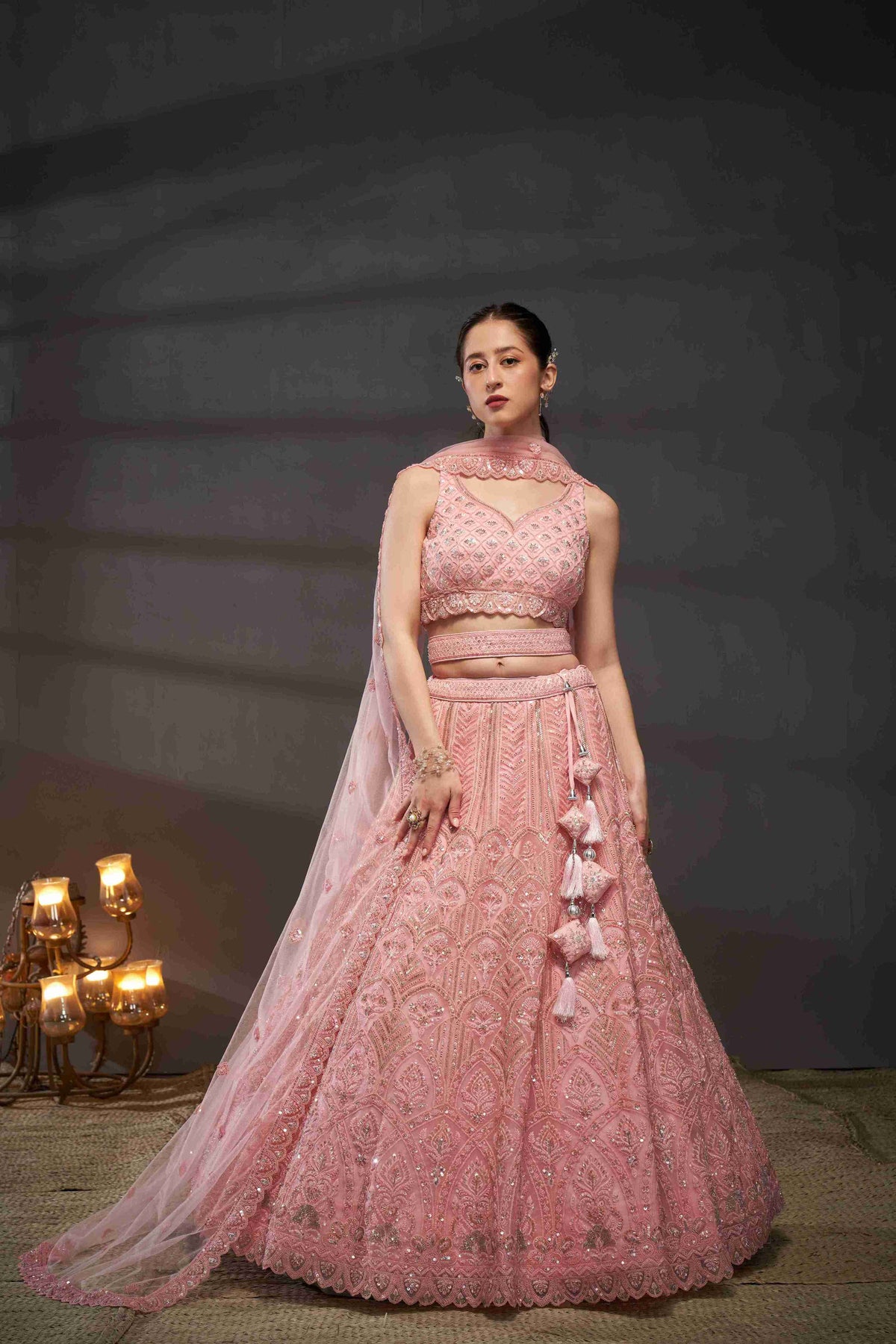 Pink  Net Thread Sequins Embroidered Lehenga Choli