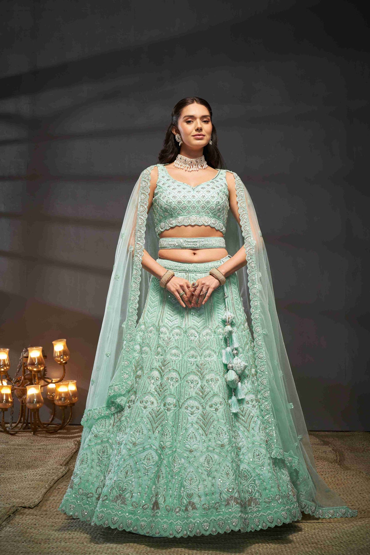 Turquoise  Net Thread Sequins Embroidered Lehenga Choli