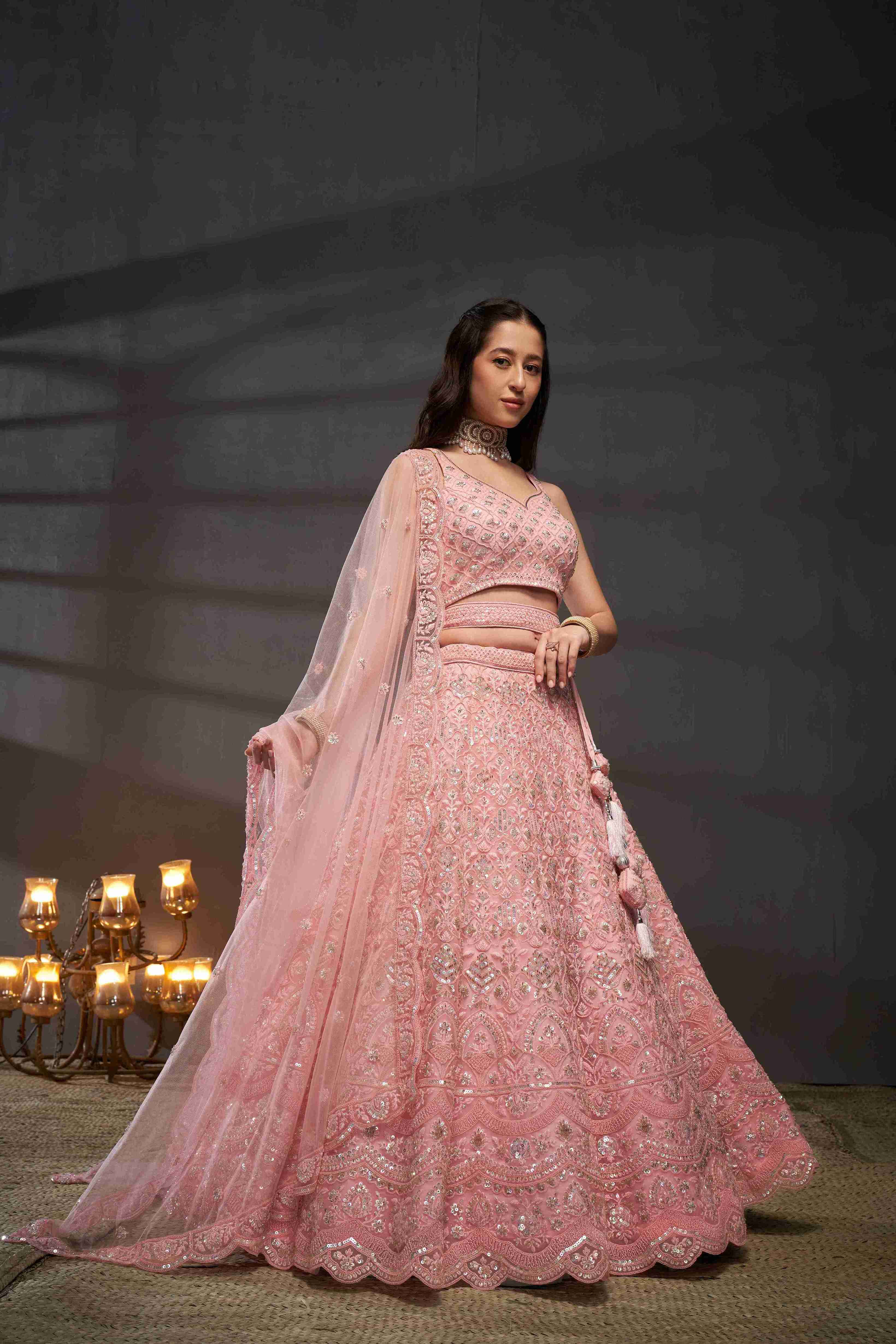 Pink  Net Thread Sequins Embroidered Lehenga Choli