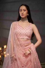 Pink  Net Thread Sequins Embroidered Lehenga Choli