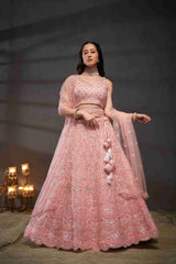 Pink  Net Thread Sequins Embroidered Lehenga Choli