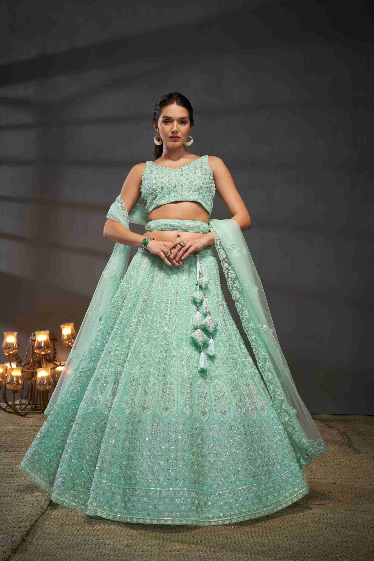 Turquoise  Net Thread Sequins Embroidered Lehenga Choli