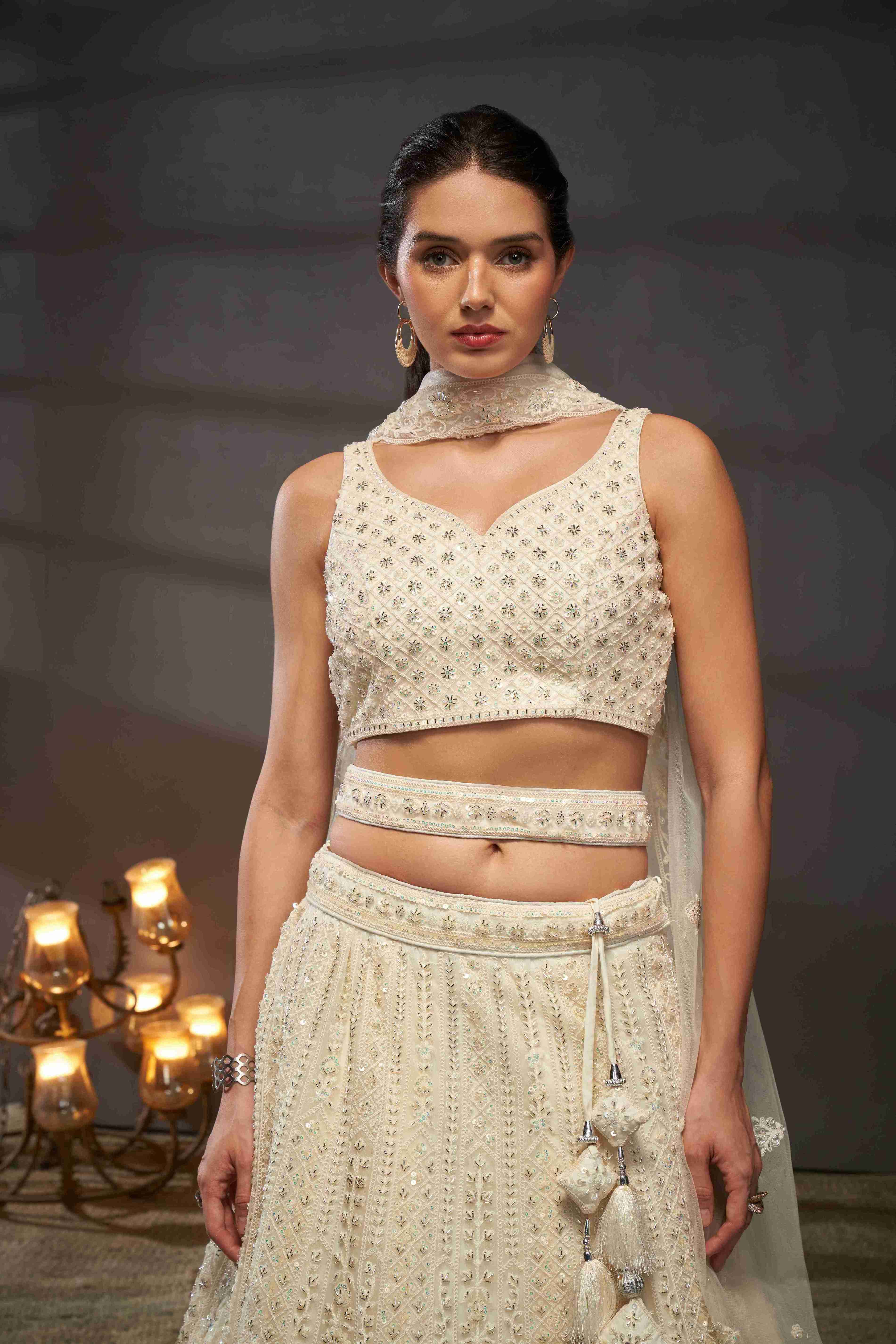 Cream  Net Thread Sequins Embroidered Lehenga Choli