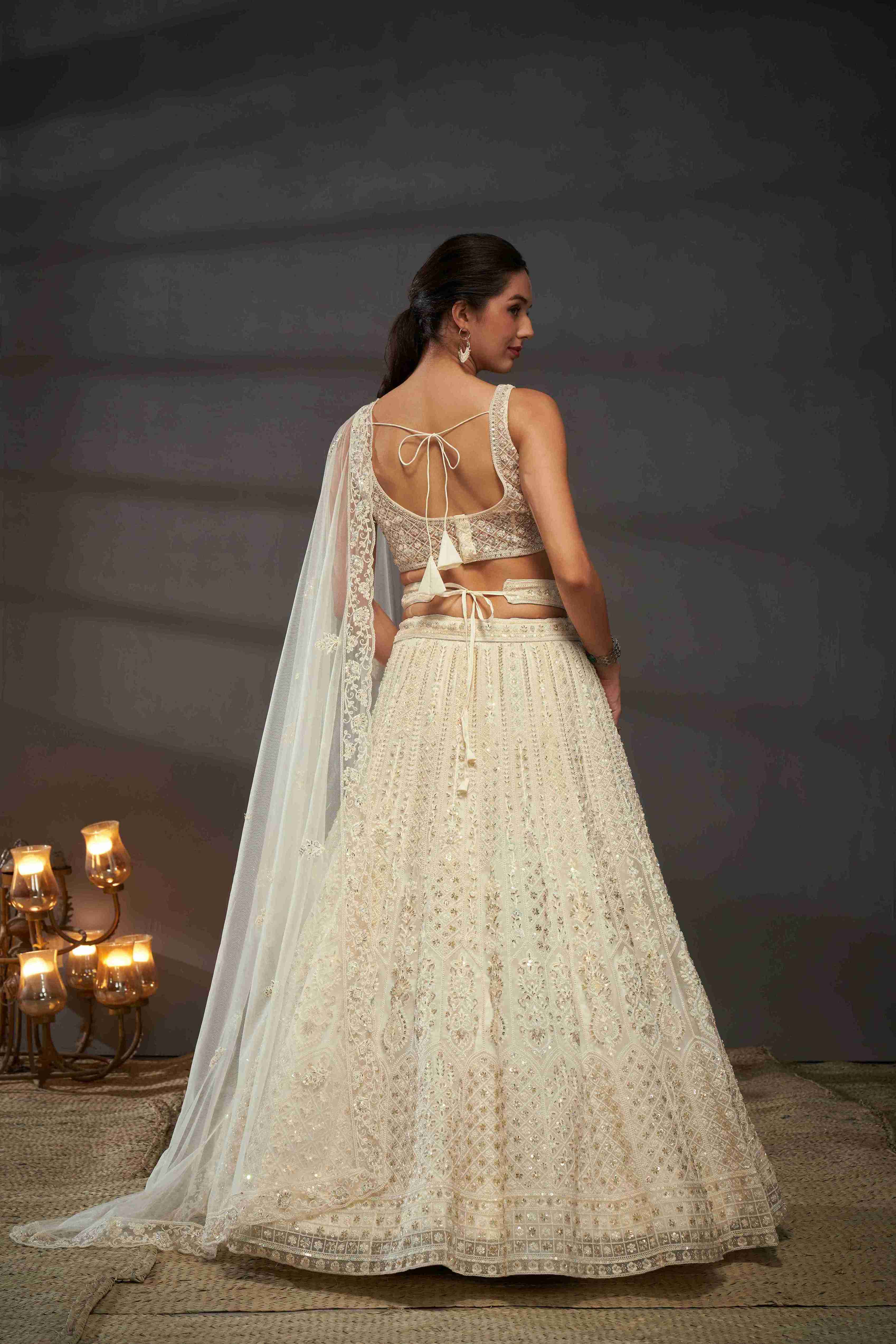 Cream  Net Thread Sequins Embroidered Lehenga Choli