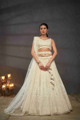 Cream  Net Thread Sequins Embroidered Lehenga Choli