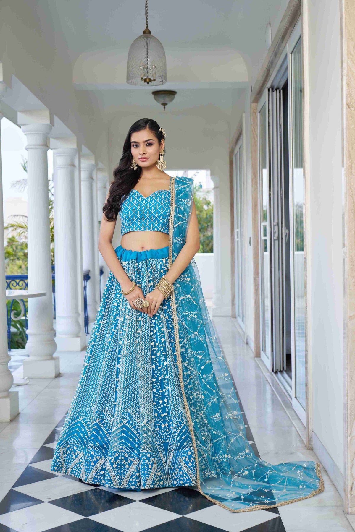 Sky Blue  Net Thread Sequins Embroidered Lehenga Choli