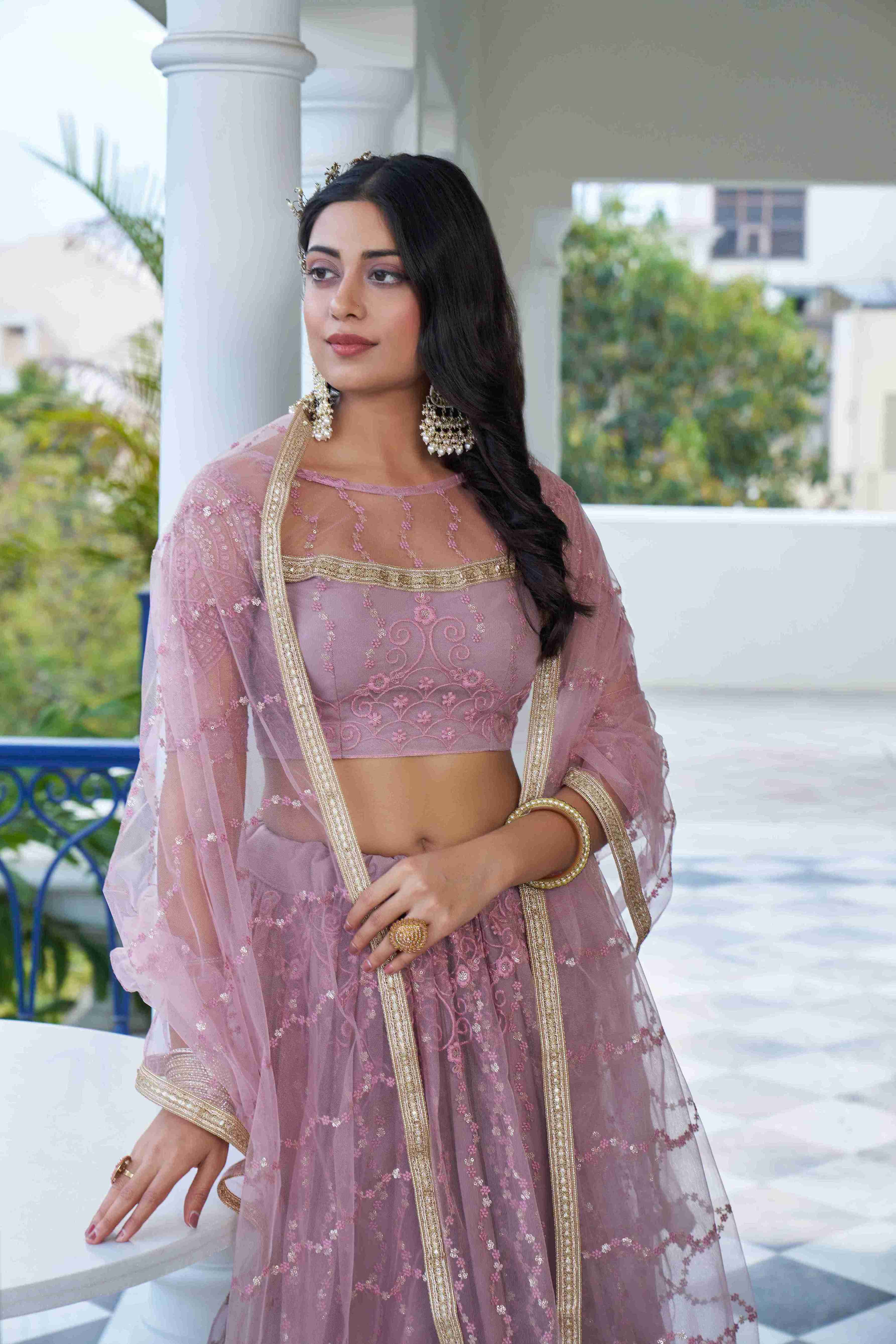 Dusty Pink  Net Thread Sequins Embroidered Lehenga Choli