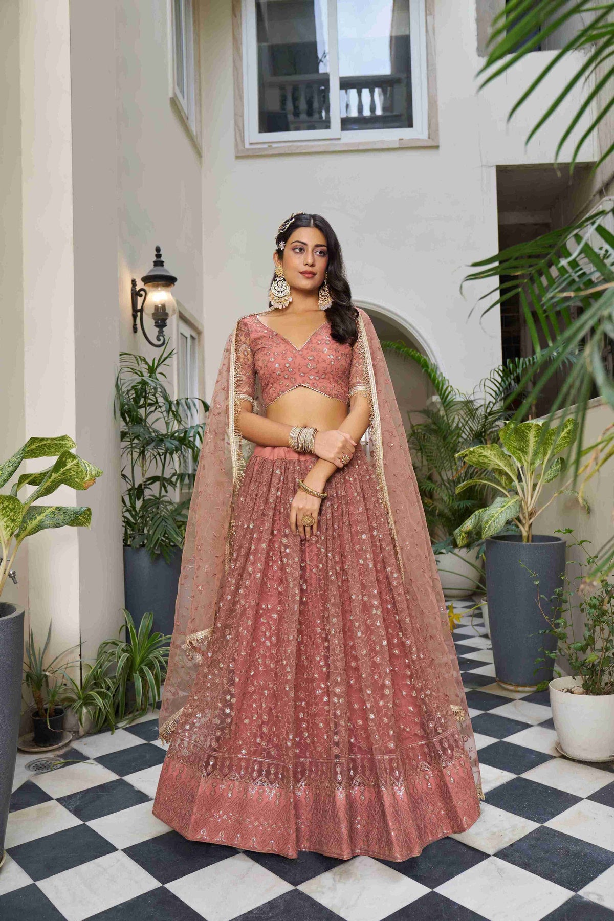 Rust  Net Thread Sequins Embroidered Lehenga Choli