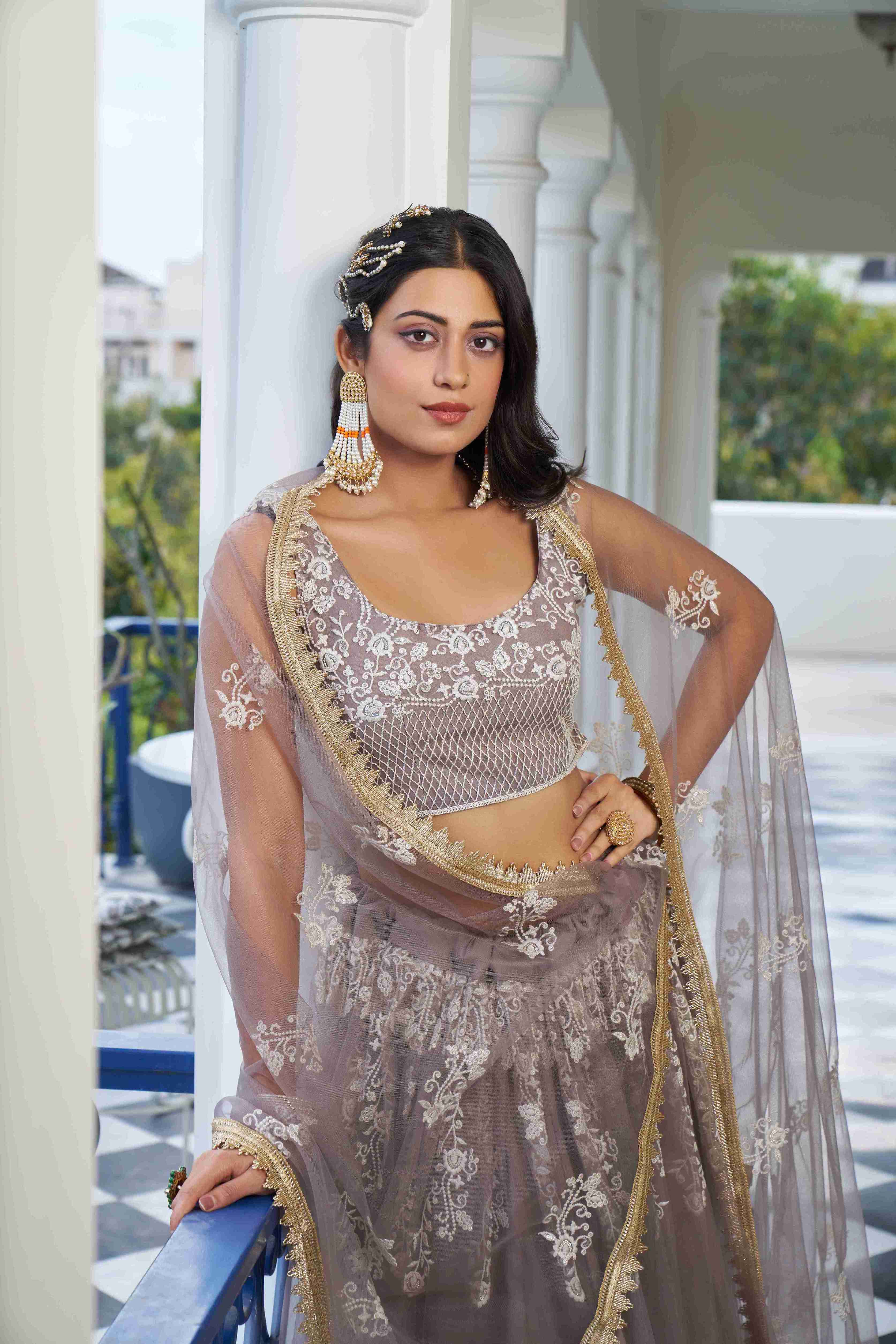 Dusty Brown  Net Thread Sequins Embroidered Lehenga Choli