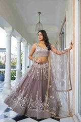 Dusty Brown  Net Thread Sequins Embroidered Lehenga Choli