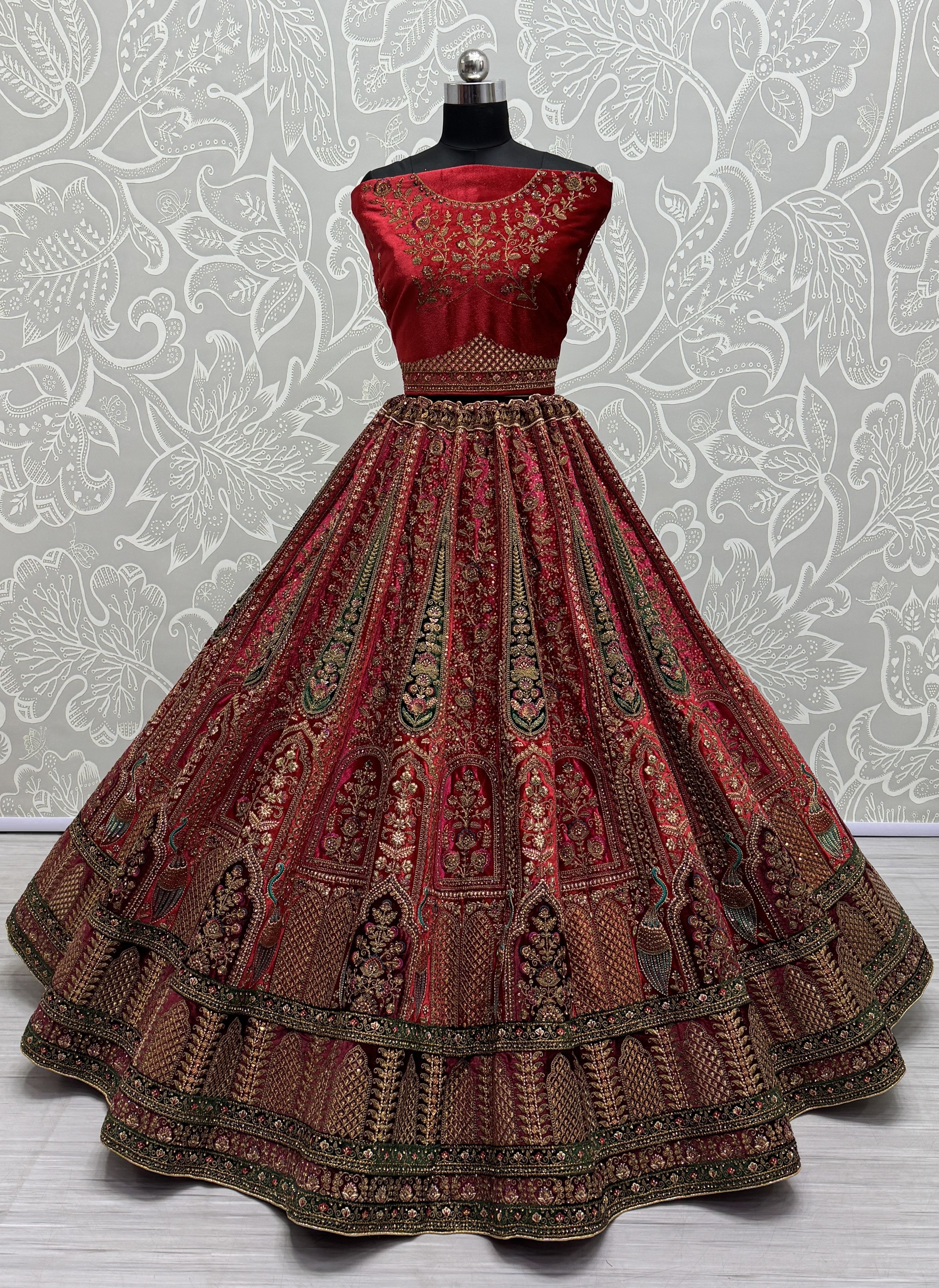 Red Velvet Thread Sequins Embroidered Bridal Lehenga Choli