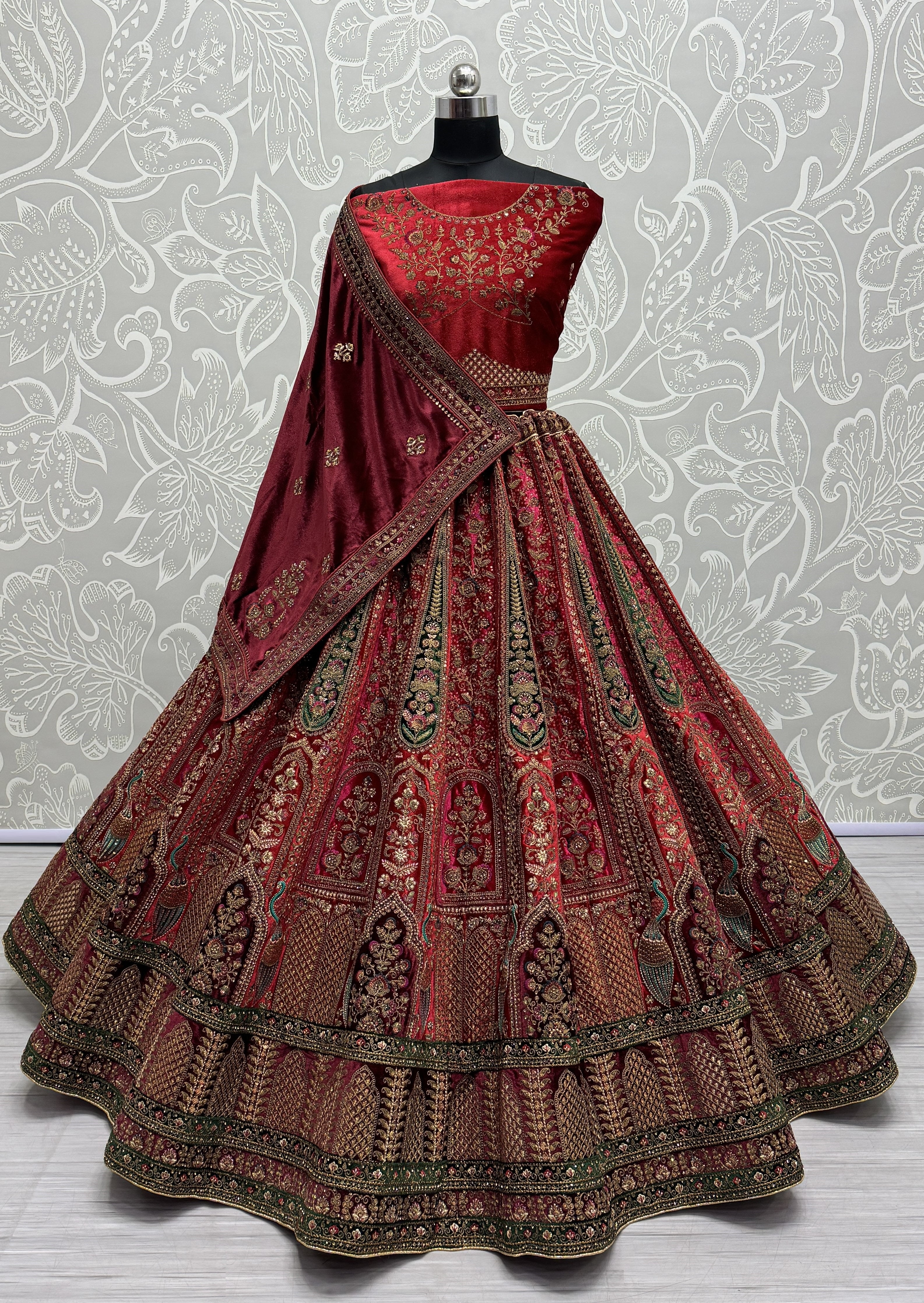 Red Velvet Thread Sequins Embroidered Bridal Lehenga Choli