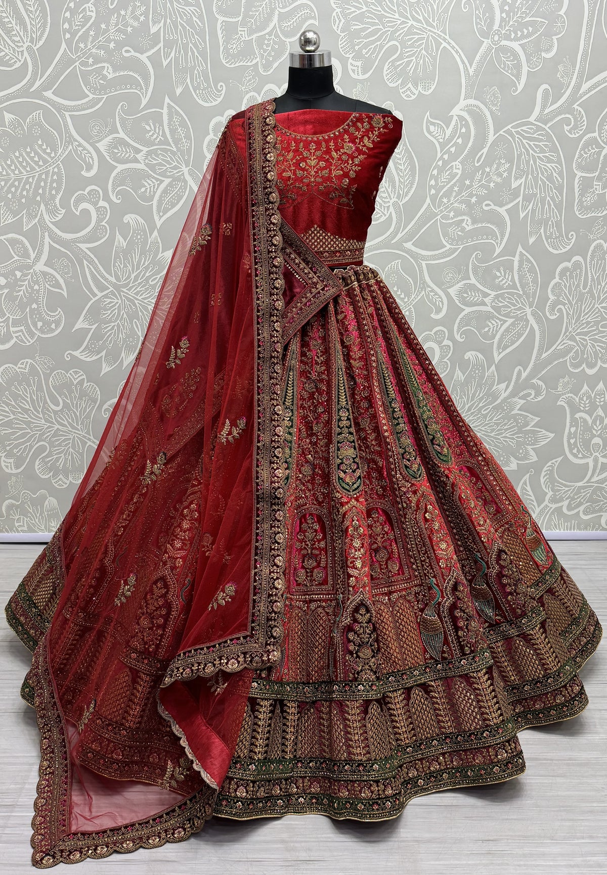 Red Velvet Thread Sequins Embroidered Bridal Lehenga Choli