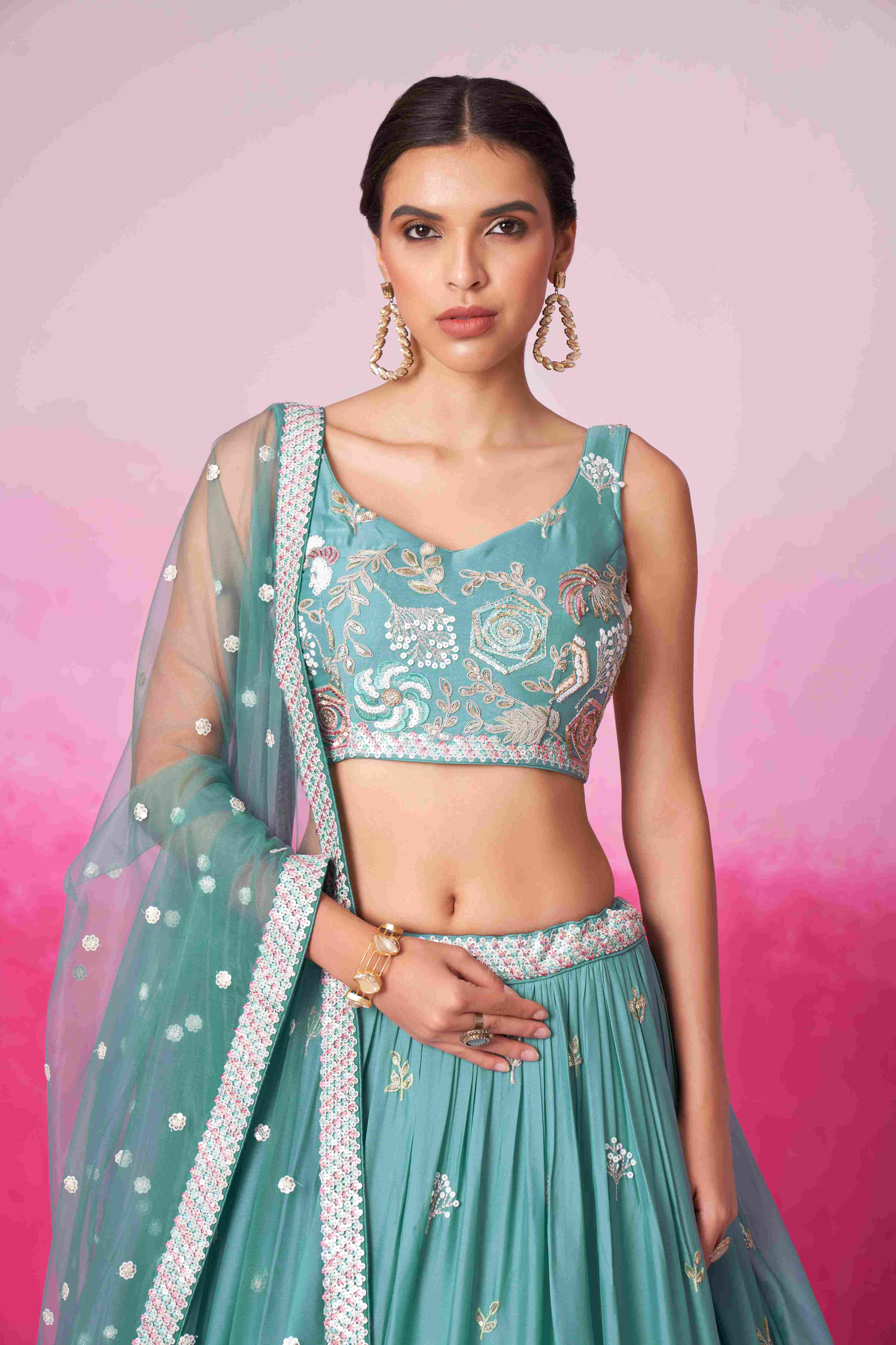 Turquoise Georgette Embroidered Lehenga Choli