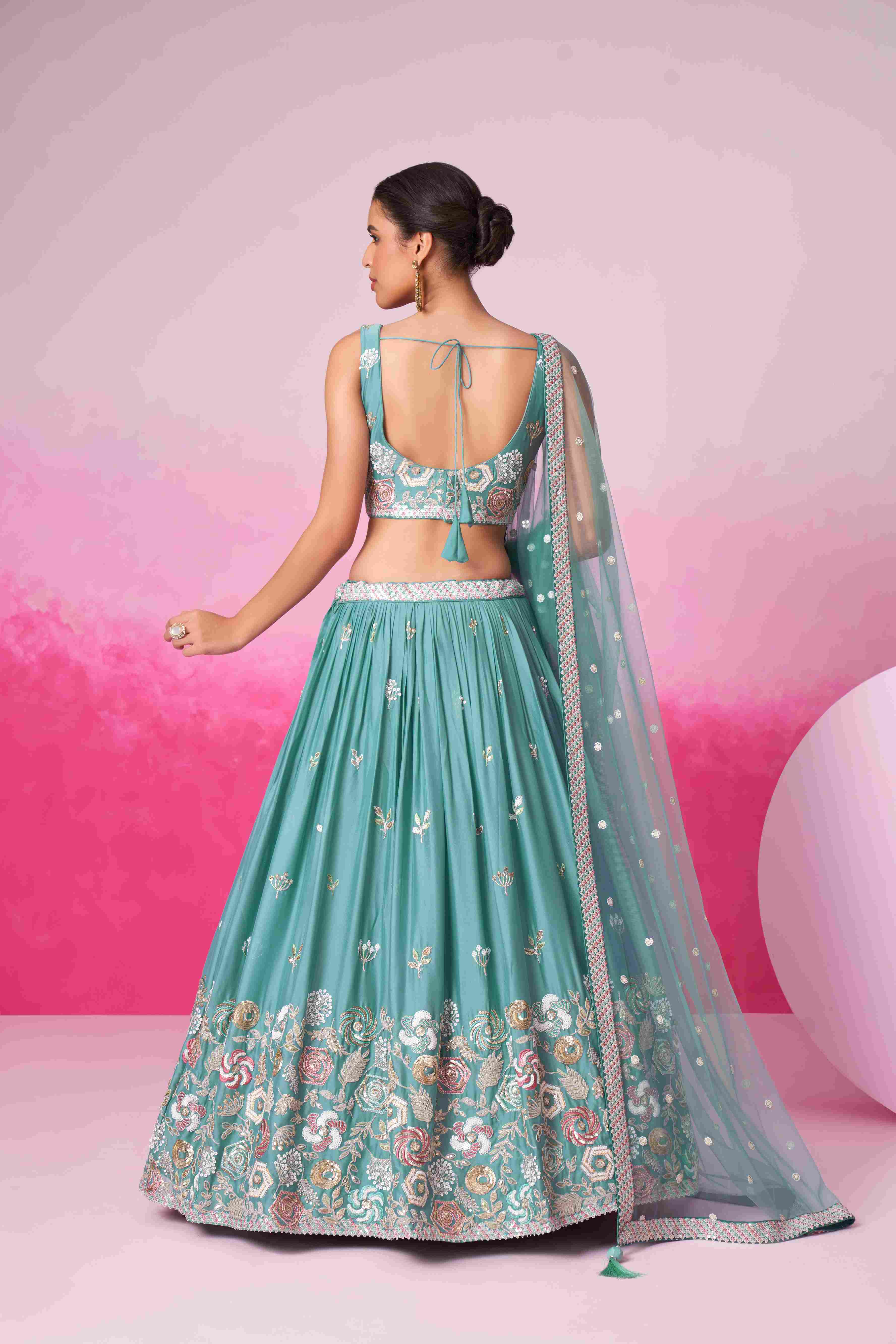 Turquoise Georgette Embroidered Lehenga Choli