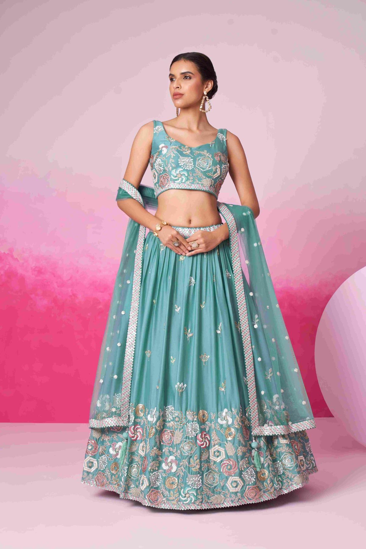 Turquoise Georgette Embroidered Lehenga Choli