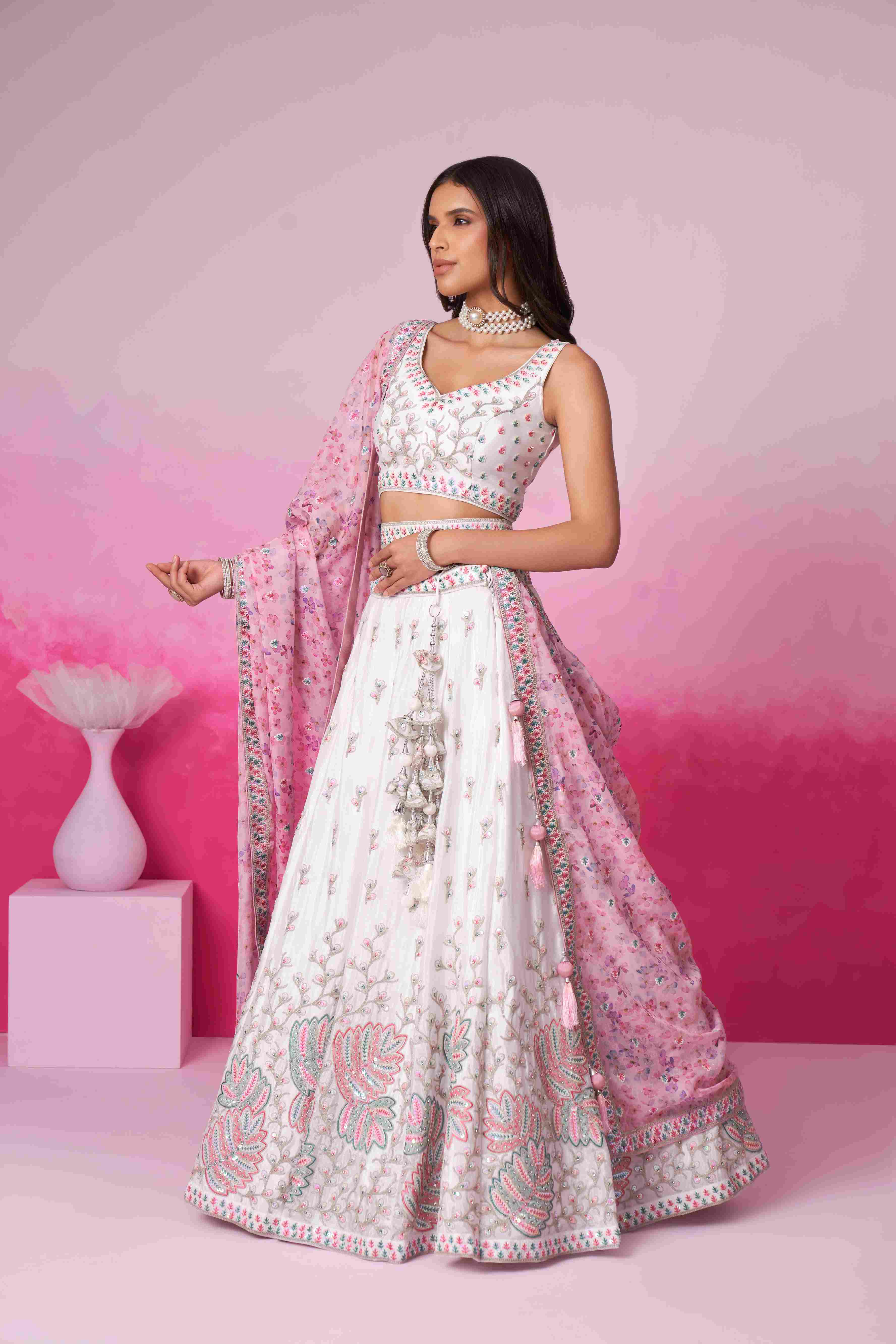 Cream Georgette Embroidered Lehenga Choli