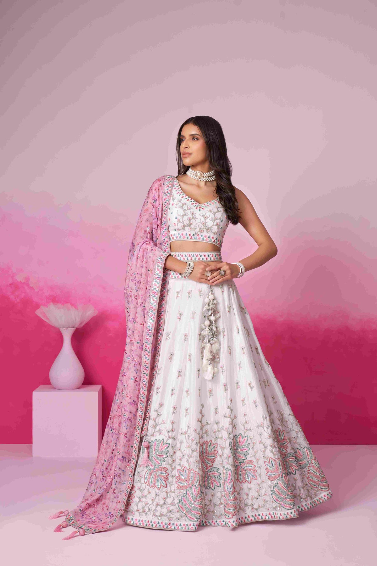 Cream Georgette Embroidered Lehenga Choli