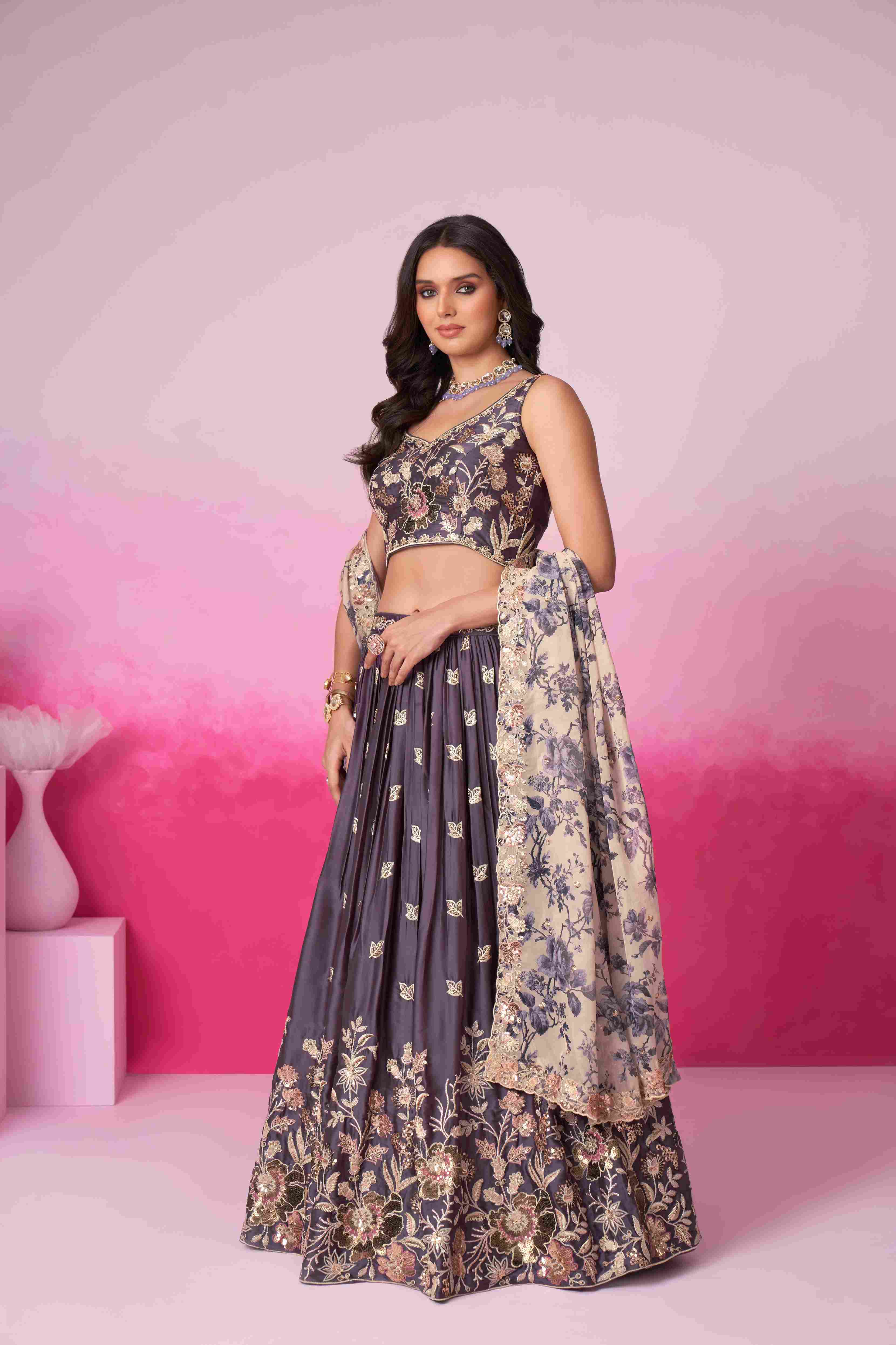 Purple Satin Embroidered Lehenga Choli