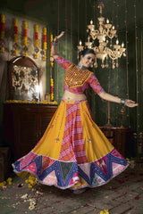 Yellow Ready to Wear Maslin Cotton Mirror Embroidered Navratri Lehenga Choli