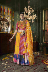 Yellow Ready to Wear Maslin Cotton Mirror Embroidered Navratri Lehenga Choli