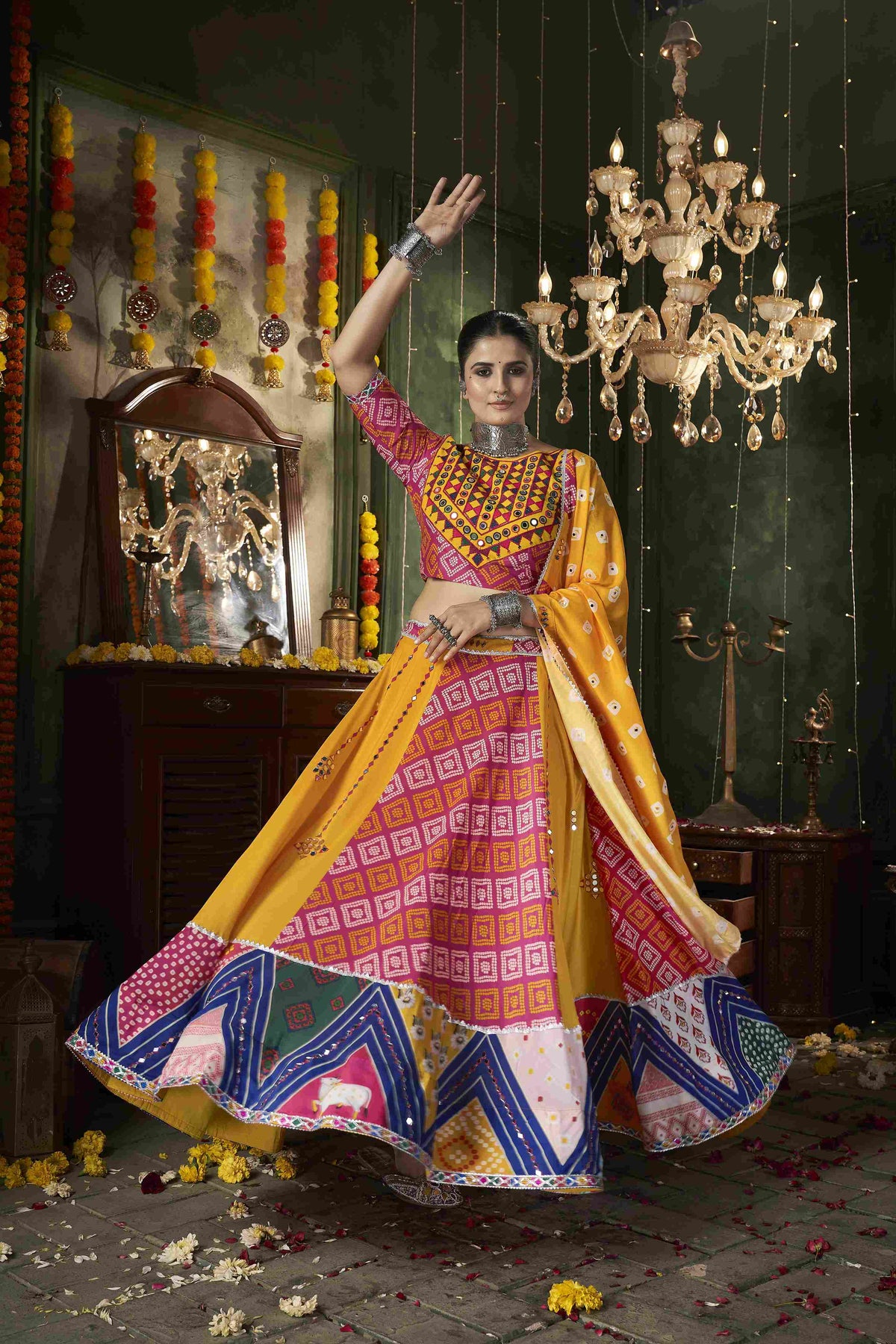 Yellow Ready to Wear Maslin Cotton Mirror Embroidered Navratri Lehenga Choli