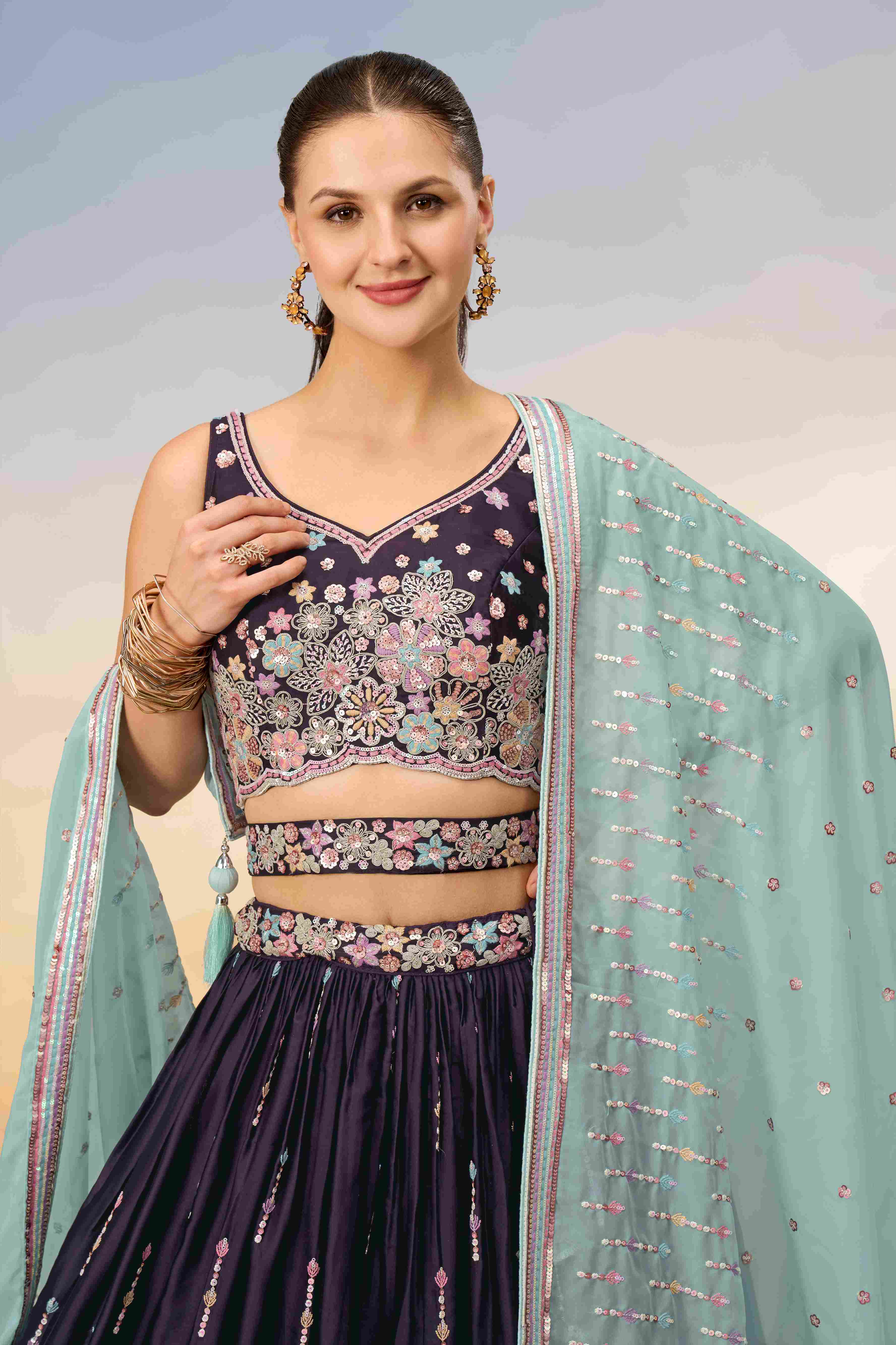 Burgundy Satin Embroidered Lehenga Choli