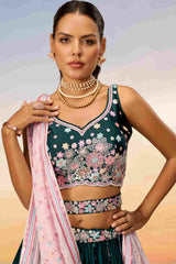 Green Satin Embroidered Lehenga Choli